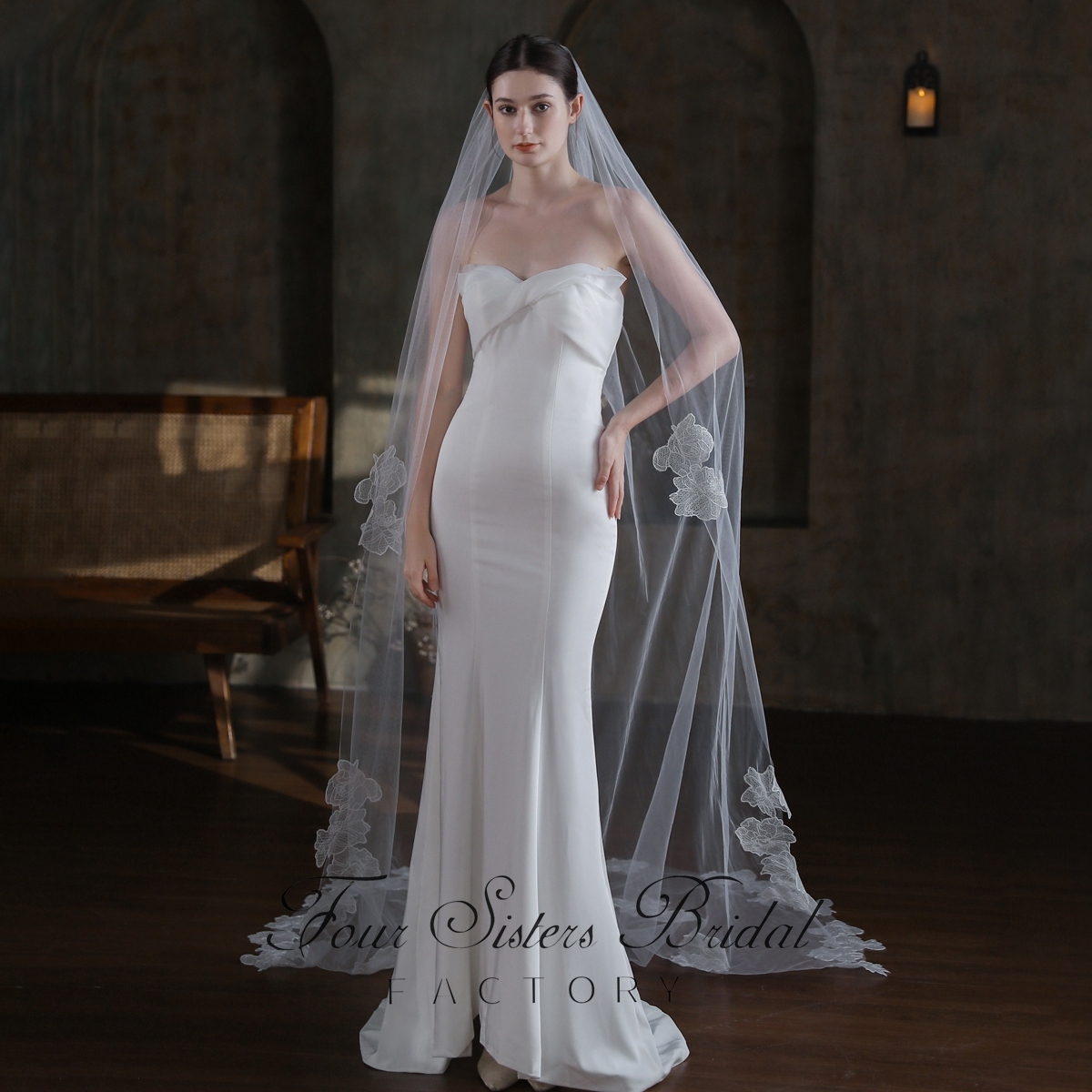 118 Inch Sequin Floral Lace Veil
