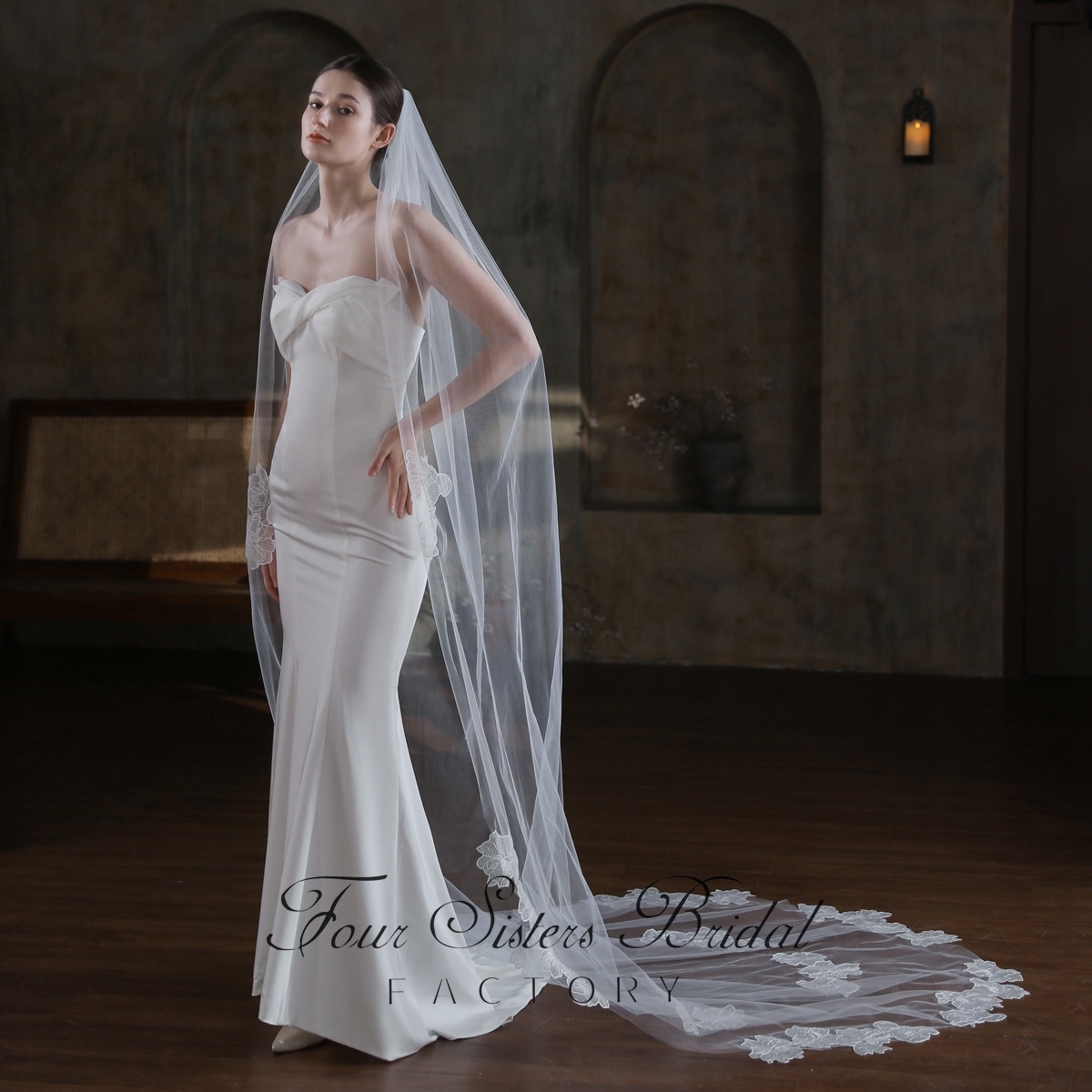 118 Inch Sequin Floral Lace Veil