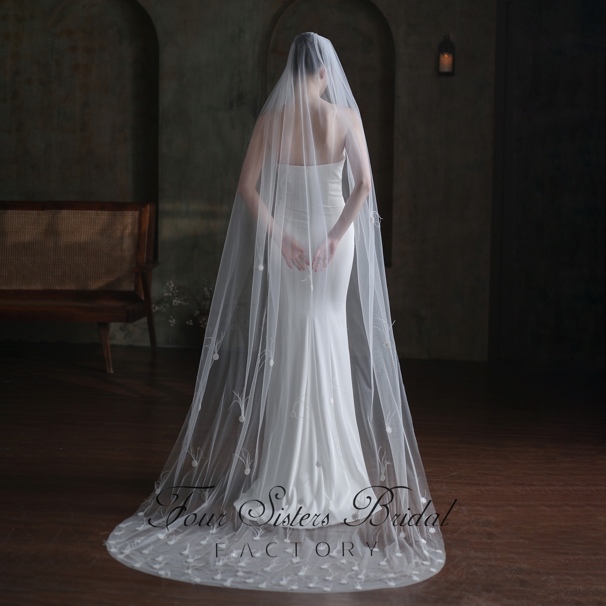 98 Inch Feather Floral Lace Bridal Veil