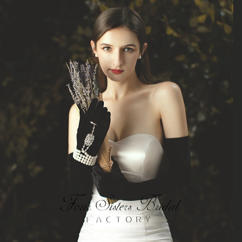 Hepburn Style Black Velvet Bridal Gloves