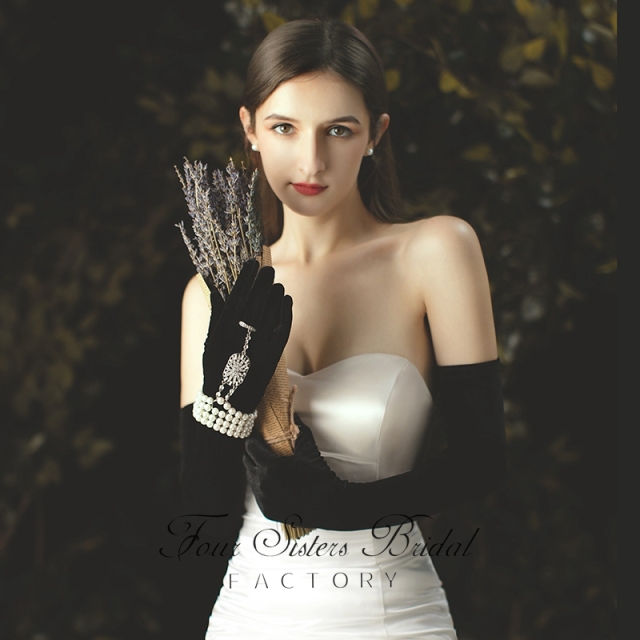Hepburn Style Black Velvet Bridal Gloves