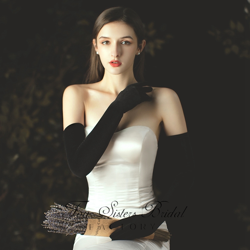 Hepburn Style Black Velvet Bridal Gloves