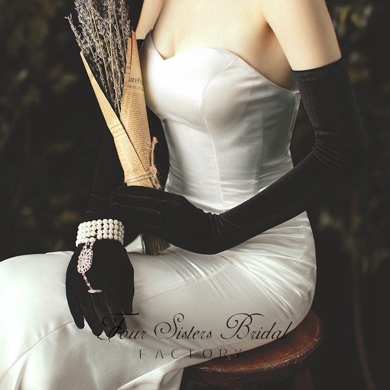 Hepburn Style Black Velvet Bridal Gloves