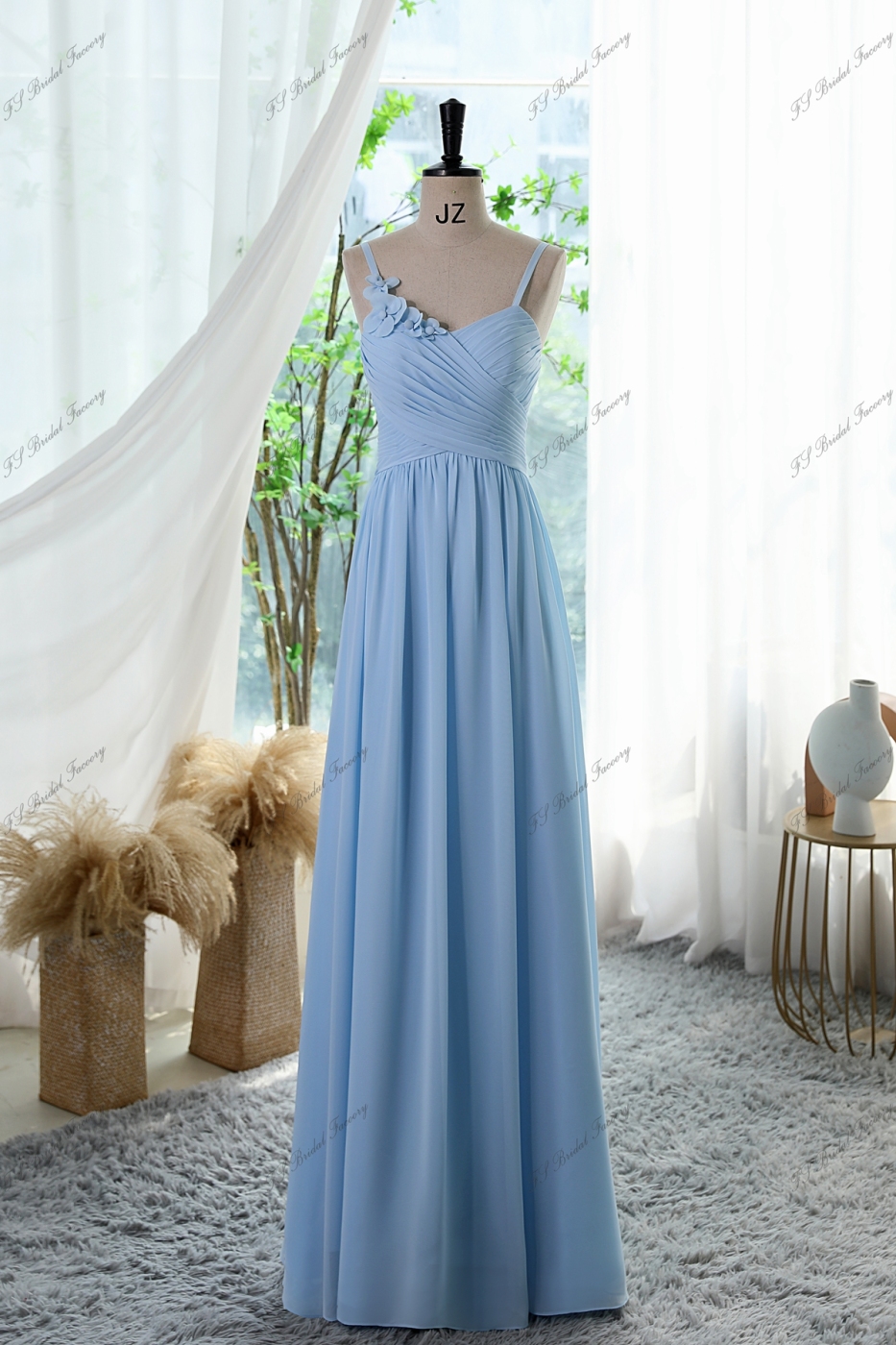 Pleated Chiffon Empire Long Bridesmaid Dress With Cute Spaghetti Straps