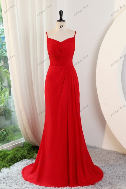 Elegant Pleated Chiffon V-neck With Spaghetti Straps Long Prom Dress