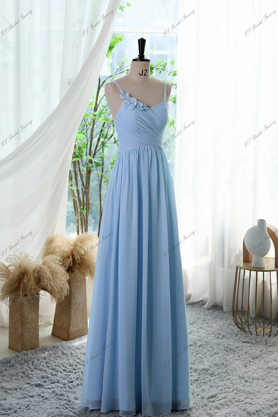 Pleated Chiffon Empire Long Bridesmaid Dress With Cute Spaghetti Straps