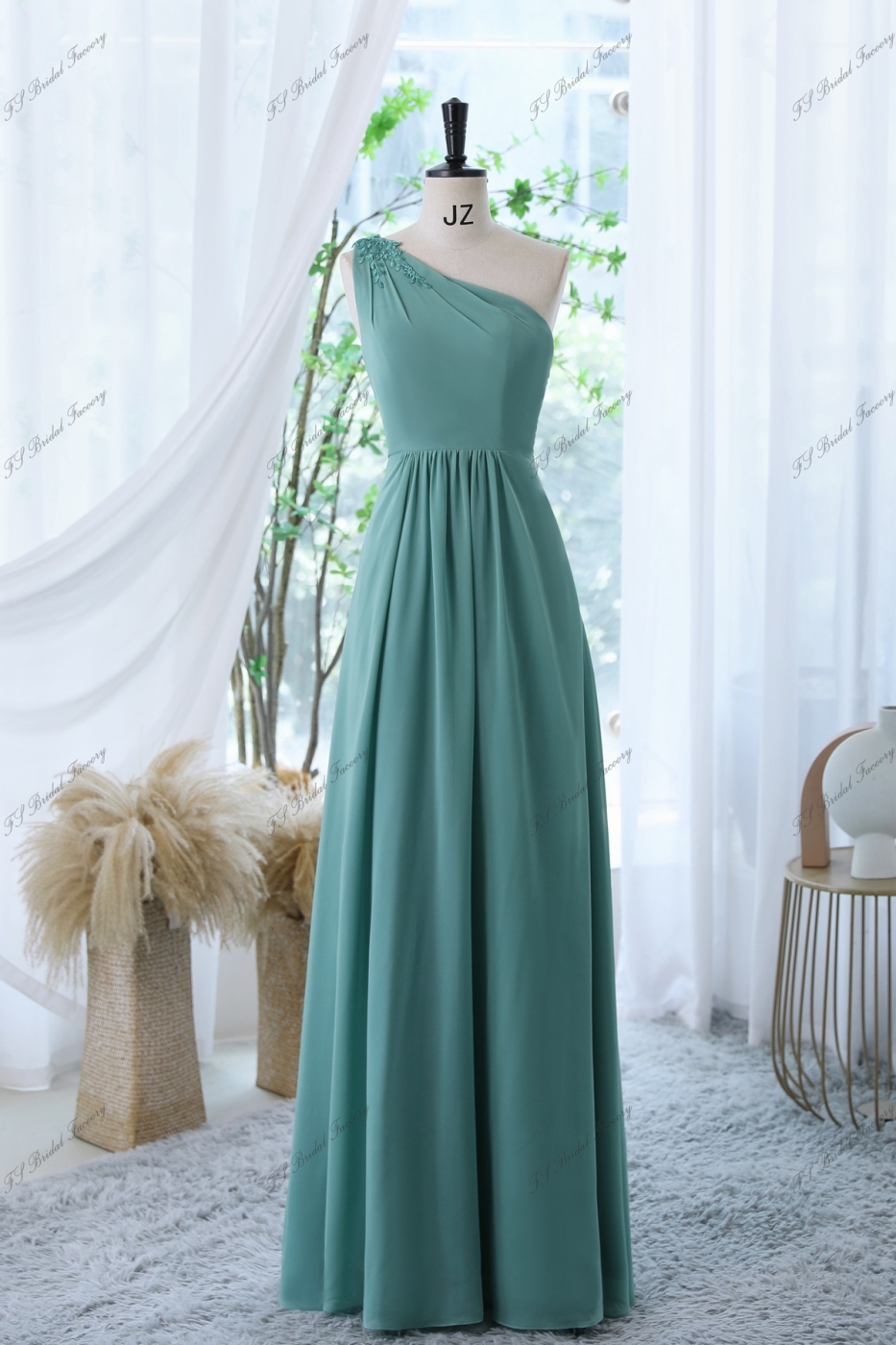 Chiffon Bridesmaid Dress With Floral Appliqués On One Shoulder