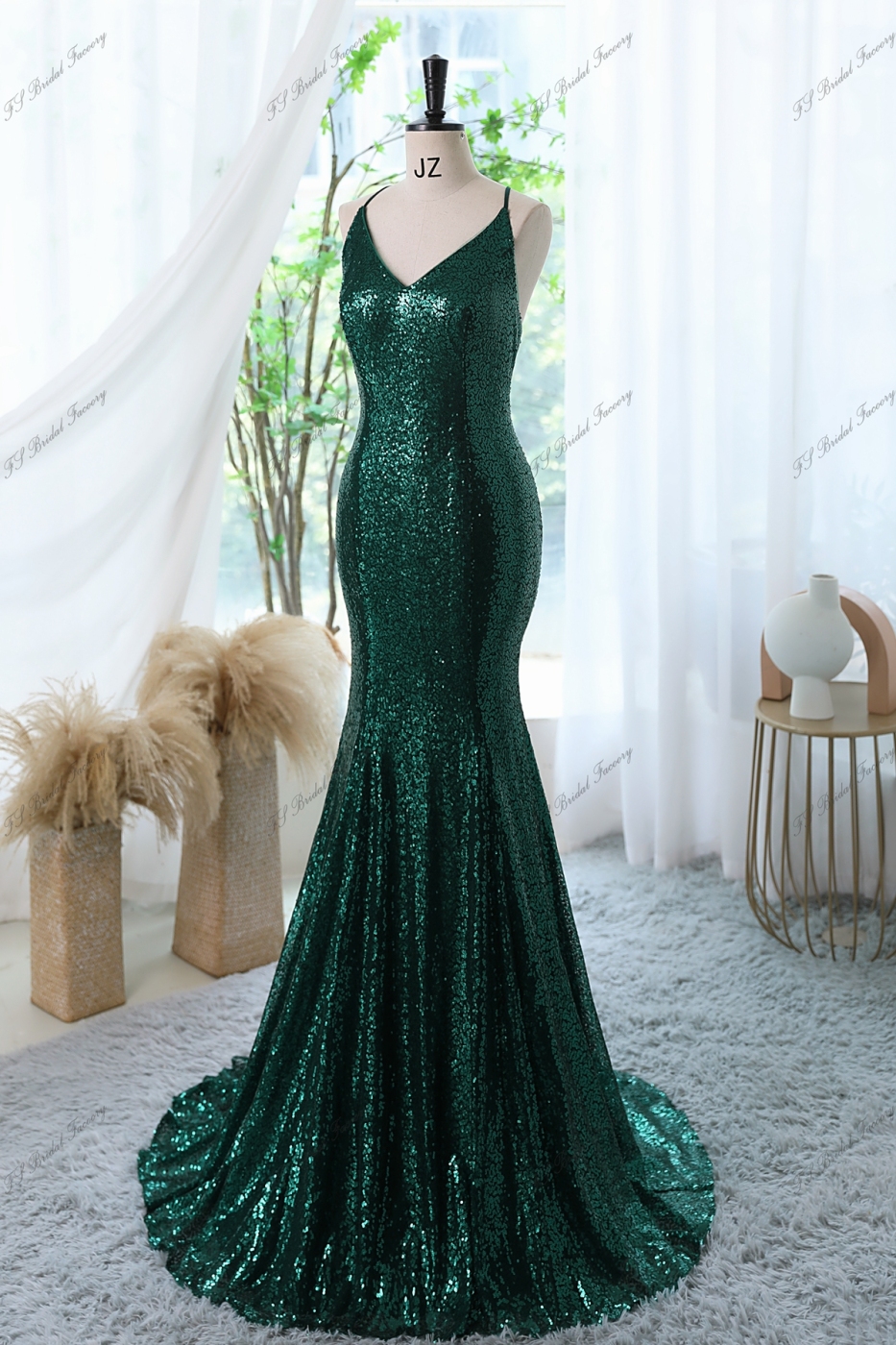 Cross Spaghetti Straps V-back Sequin Prom Gown