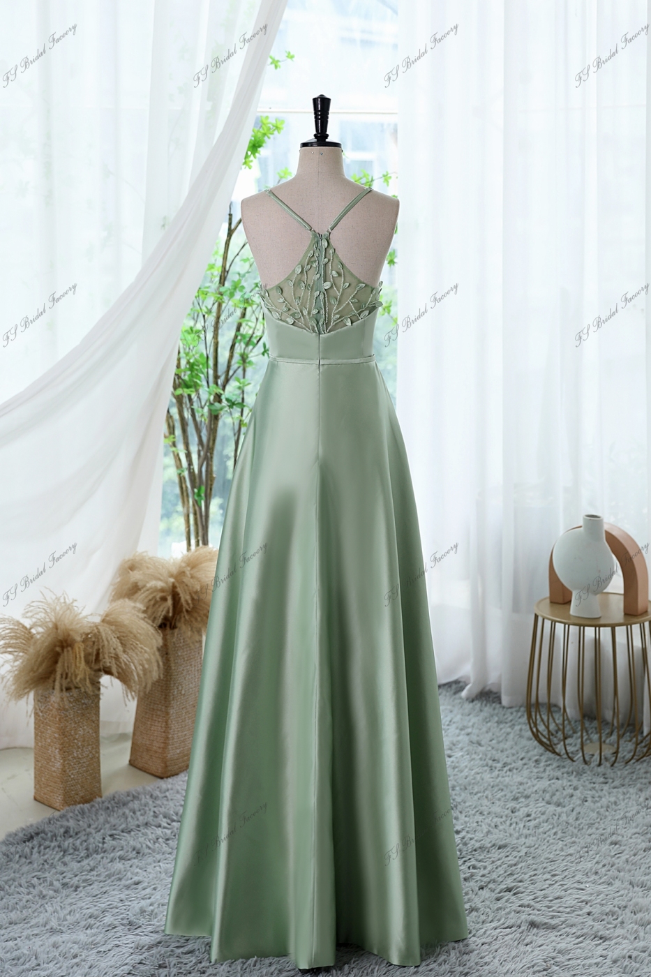 Silky Satin Bridesmaid Dress with Lace 3-D Flowers Illusion Back