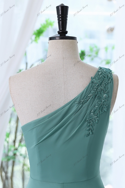 Chiffon Bridesmaid Dress With Floral Appliqués On One Shoulder