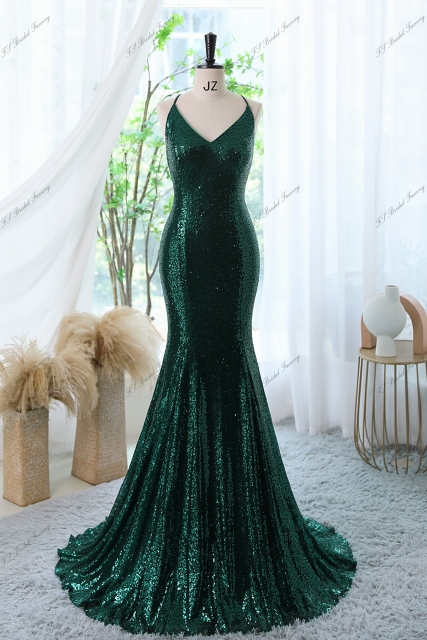 Cross Spaghetti Straps V-back Sequin Prom Gown