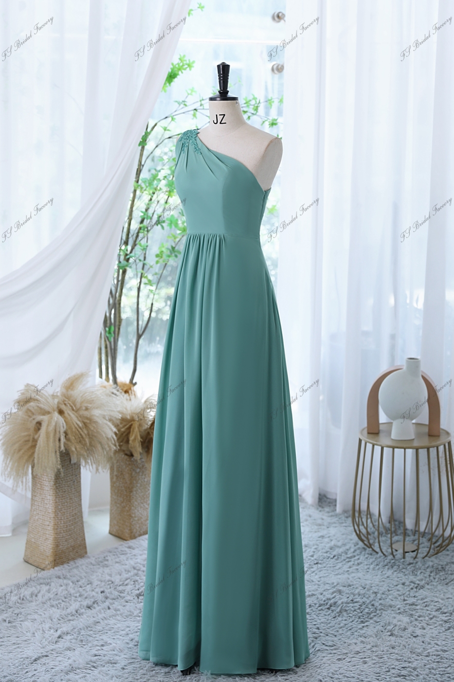 Chiffon Bridesmaid Dress With Floral Appliqués On One Shoulder