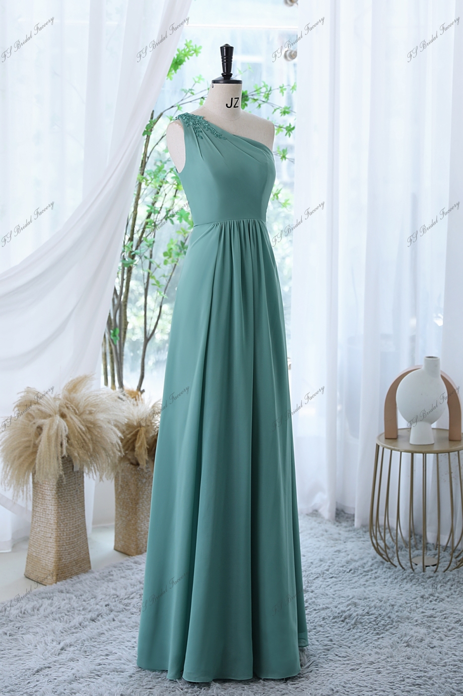 Chiffon Bridesmaid Dress With Floral Appliqués On One Shoulder