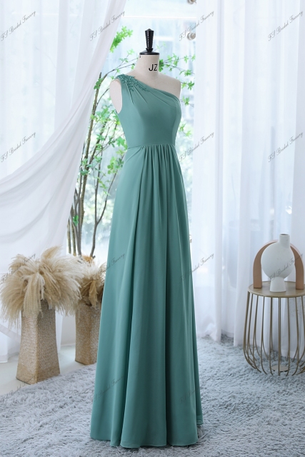 Chiffon Bridesmaid Dress With Floral Appliqués On One Shoulder