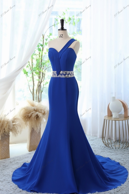 Gorgeous Mermaid Floor Length Prom Gown With One-shoulder And Crystal Beaded Waistband