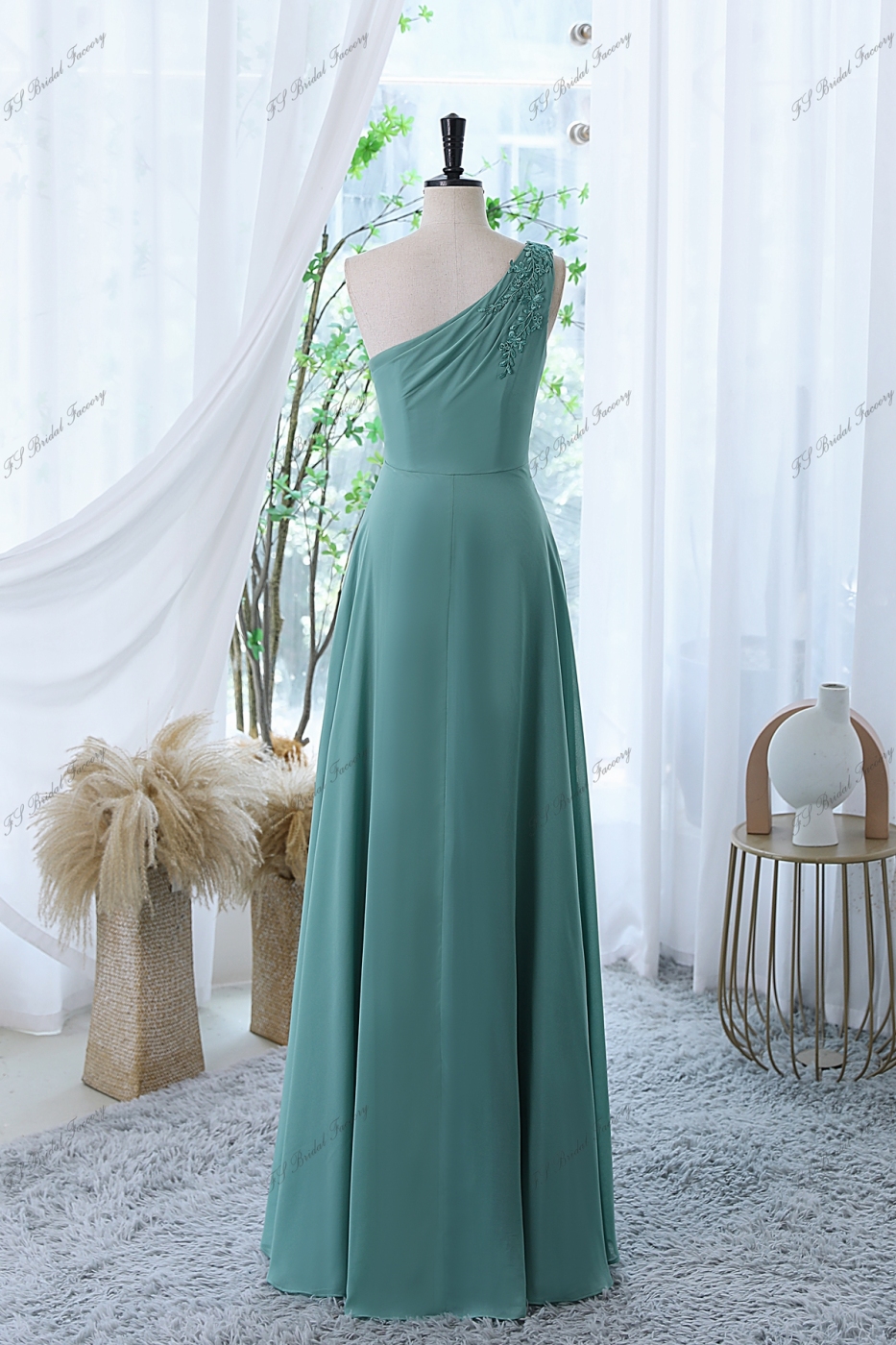 Chiffon Bridesmaid Dress With Floral Appliqués On One Shoulder