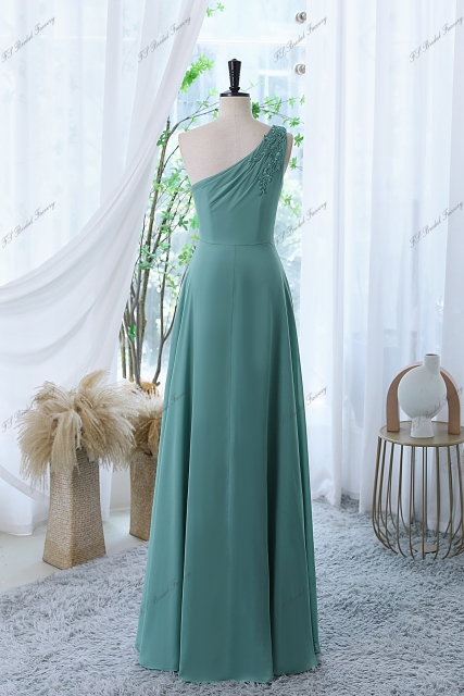 Chiffon Bridesmaid Dress With Floral Appliqués On One Shoulder