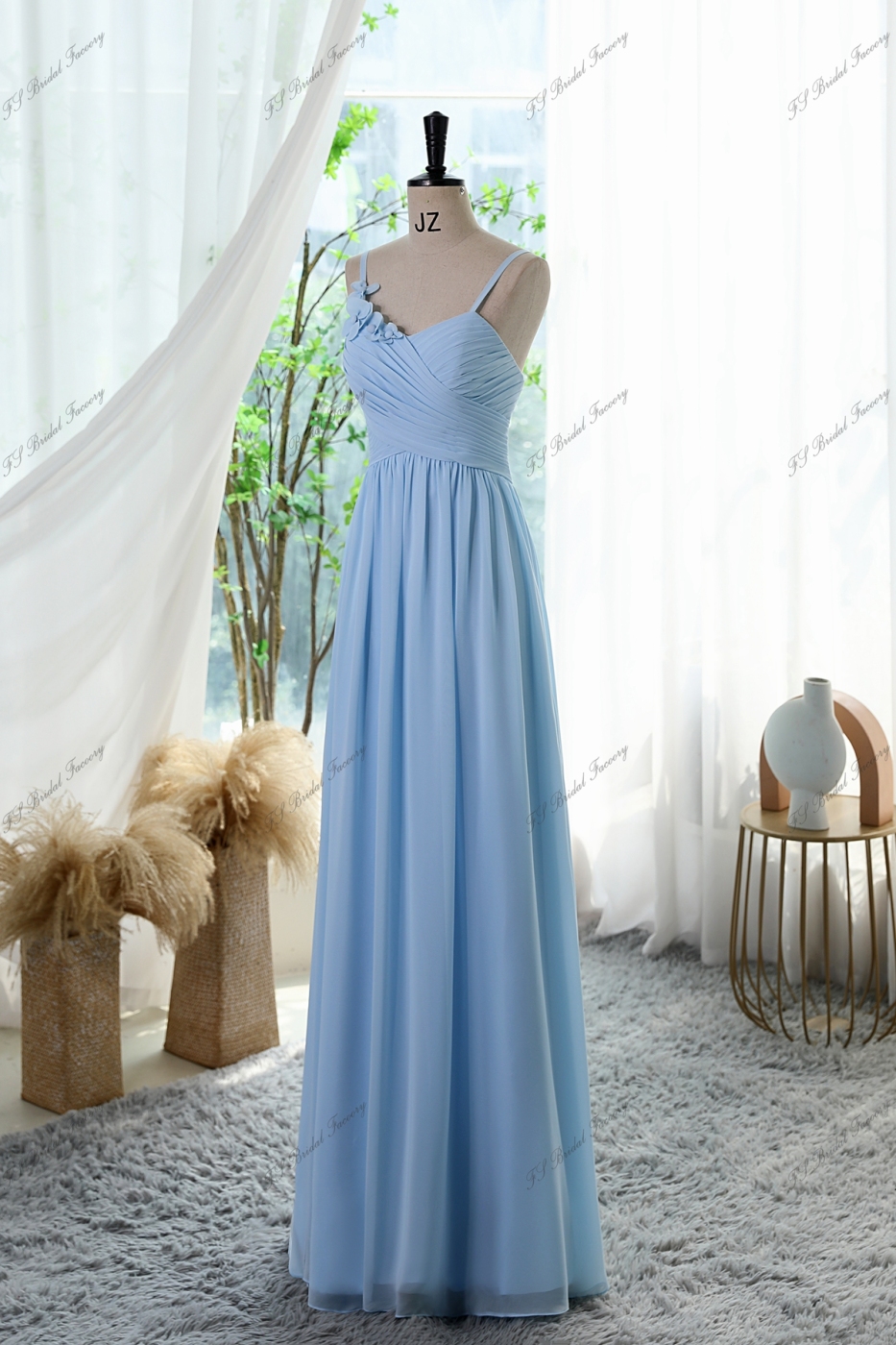 Pleated Chiffon Empire Long Bridesmaid Dress With Cute Spaghetti Straps