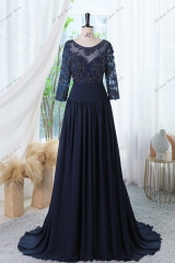 A-line Chiffon Dress With Bateau Neckline And Three-quarter Sleeves