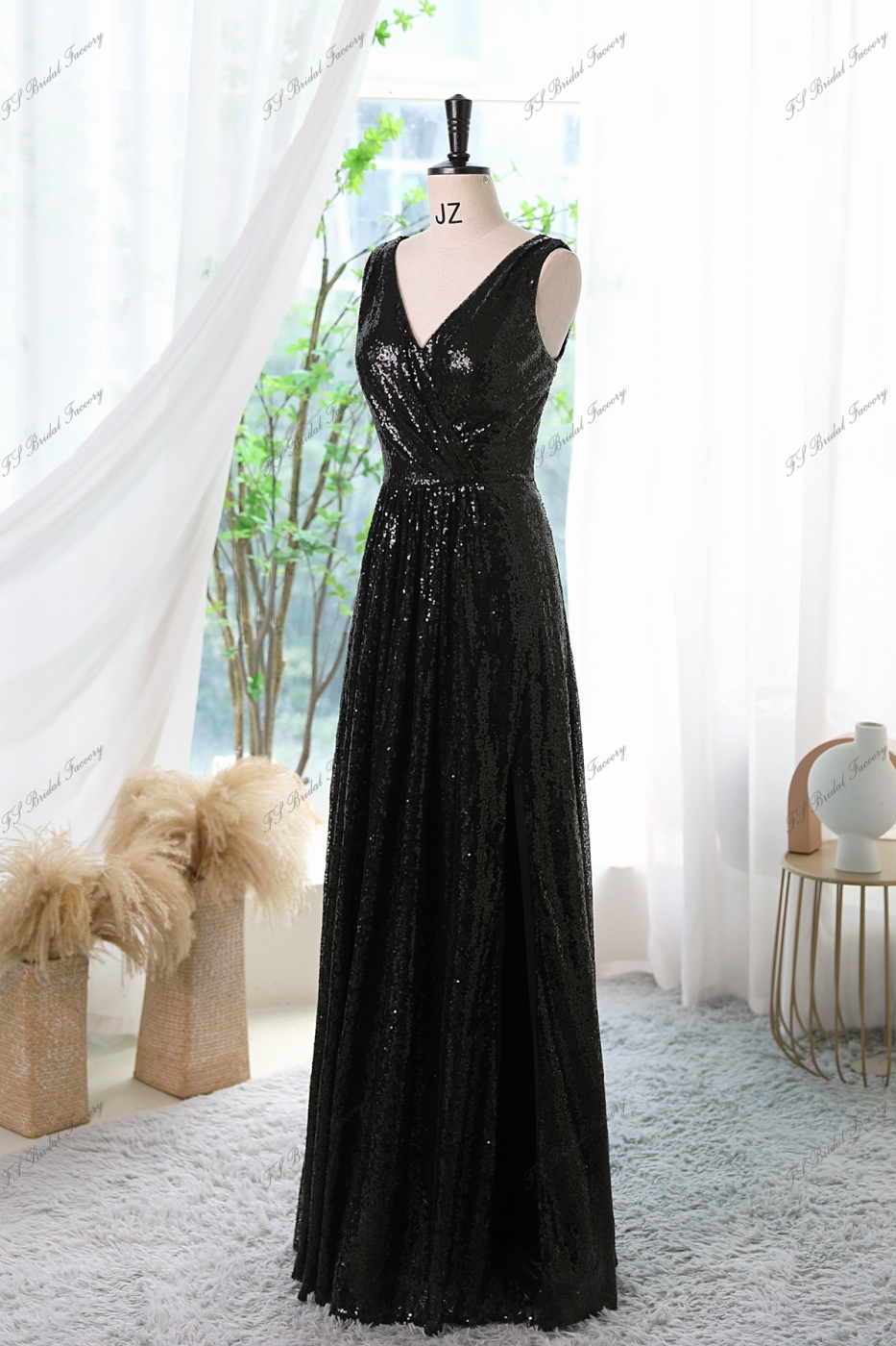 Sequin A-line Prom Dress With A High Slit And V-neck