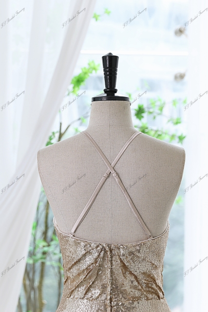 Sequin Prom Dress With Spaghetti Straps and Crossing Straps Back