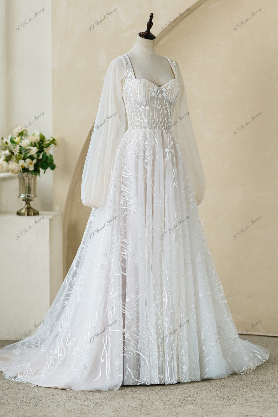 Lace Wedding Gowns With Detached Puffy Sleeve Aline Dress