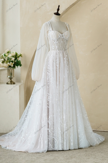Lace Wedding Gowns With Detached Puffy Sleeve Aline Dress