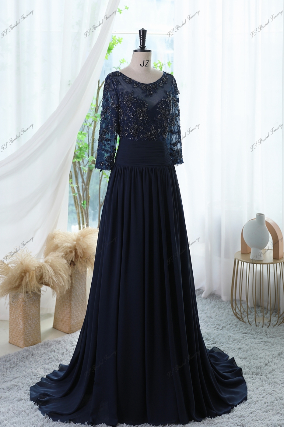 A-line Chiffon Dress With Bateau Neckline And Three-quarter Sleeves