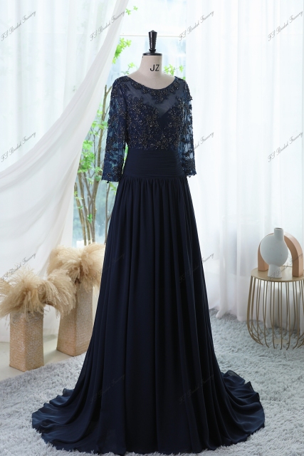 A-line Chiffon Dress With Bateau Neckline And Three-quarter Sleeves