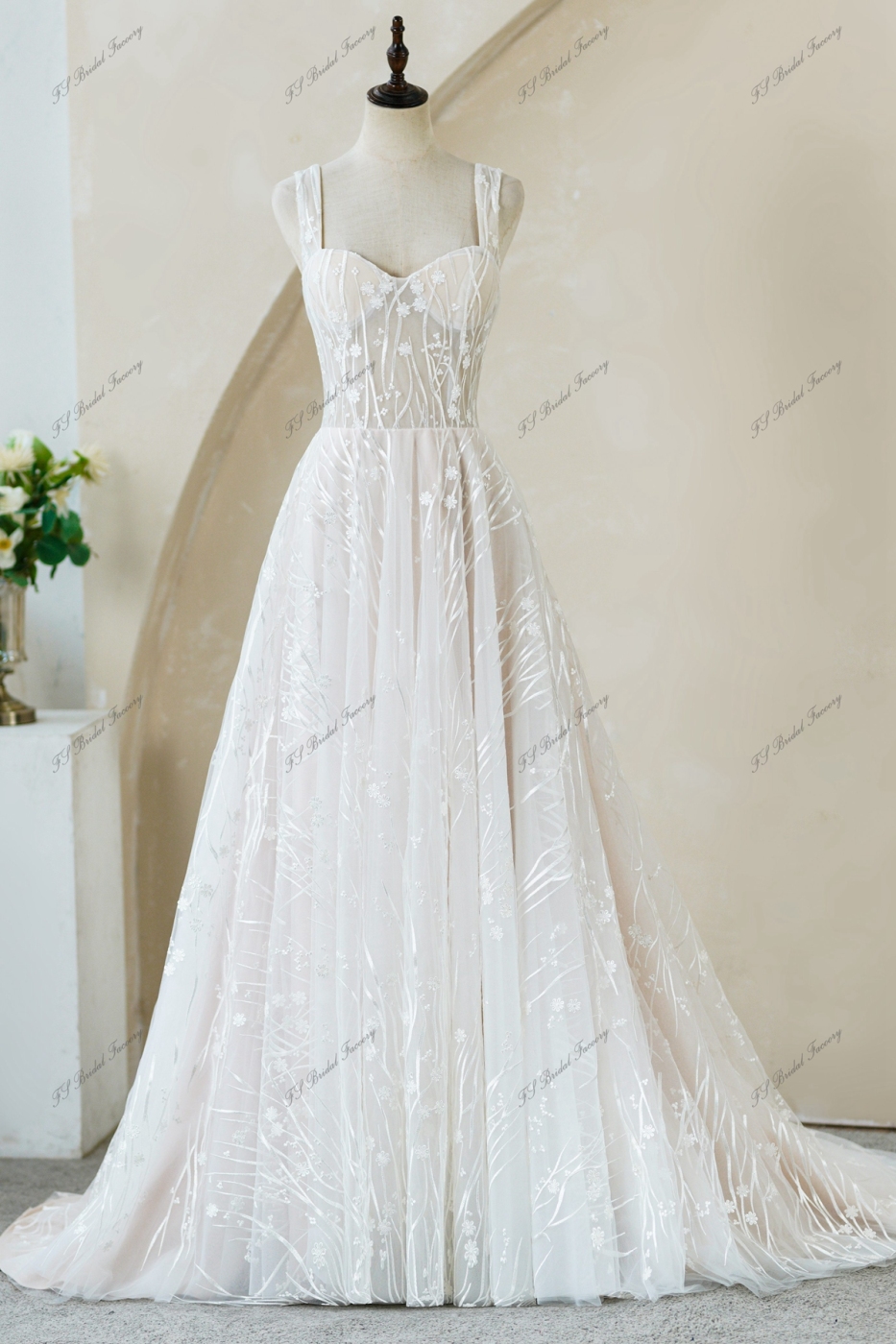 Lace Wedding Gowns With Detached Puffy Sleeve Aline Dress