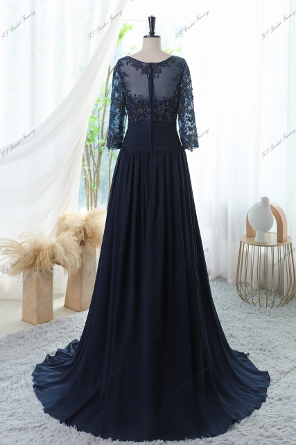A-line Chiffon Dress With Bateau Neckline And Three-quarter Sleeves