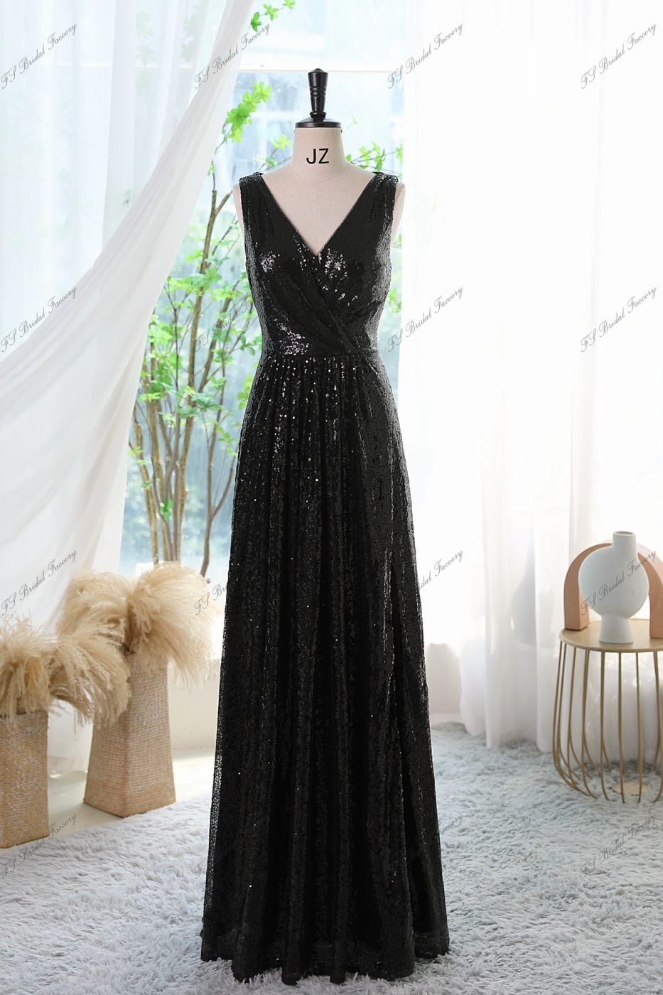 Sequin A-line Prom Dress With A High Slit And V-neck