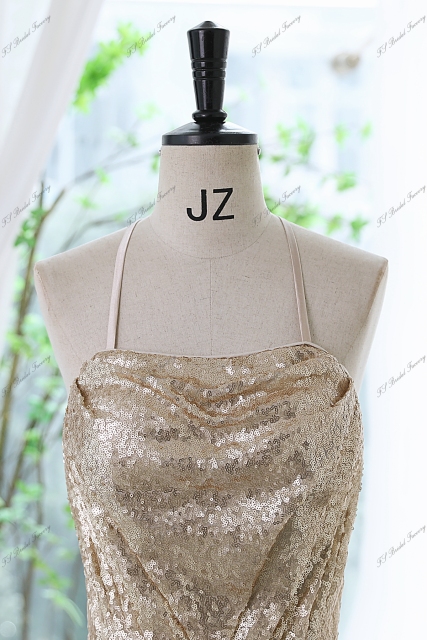 Sequin Prom Dress With Spaghetti Straps and Crossing Straps Back
