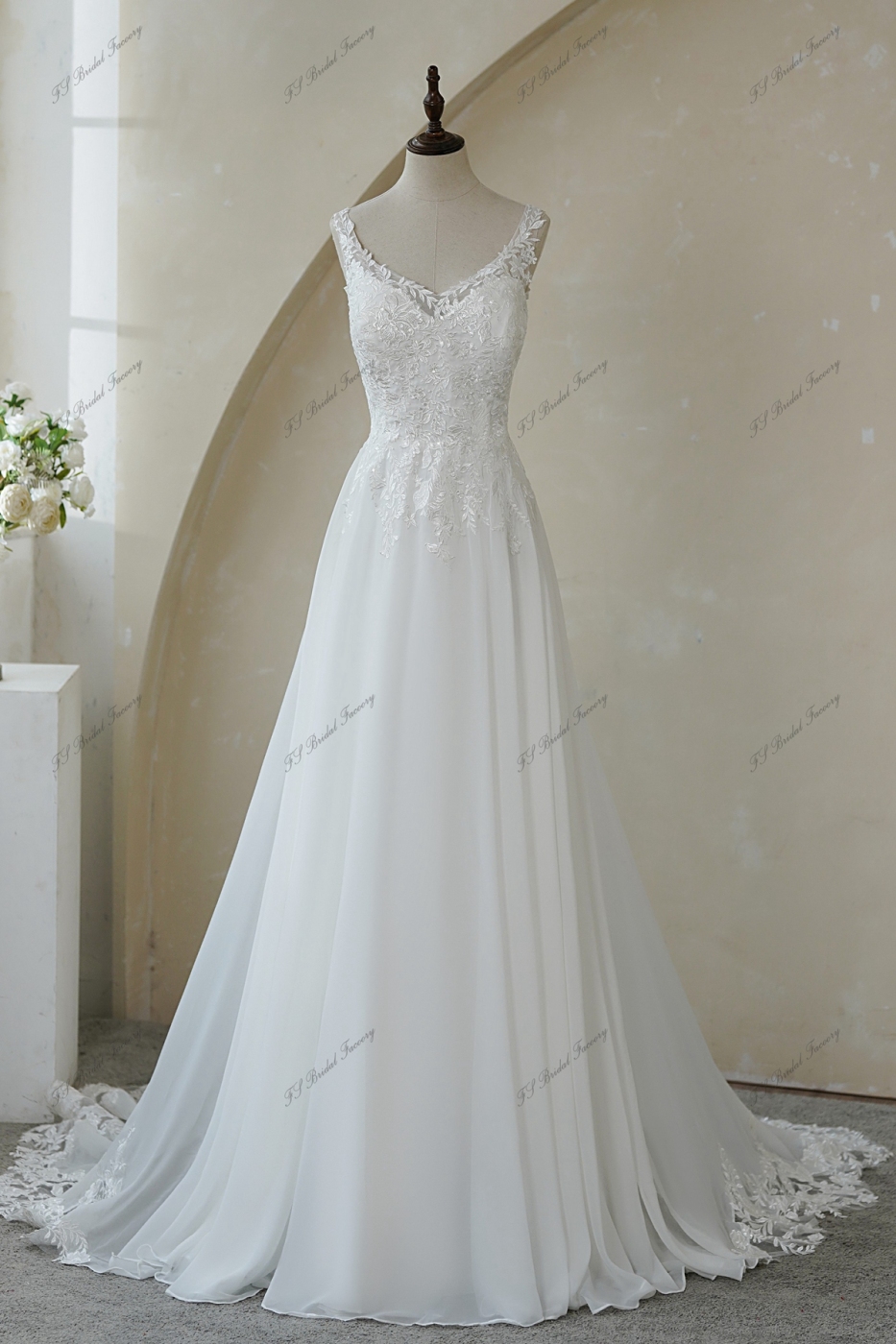 Classic Fabulous A Line Chiffon Wedding Dresses Straps Appliques Lace Up Bridal Gowns main image 1