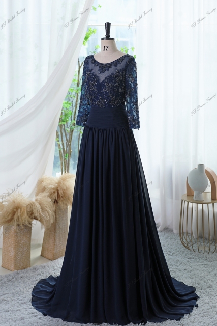 A-line Chiffon Dress With Bateau Neckline And Three-quarter Sleeves
