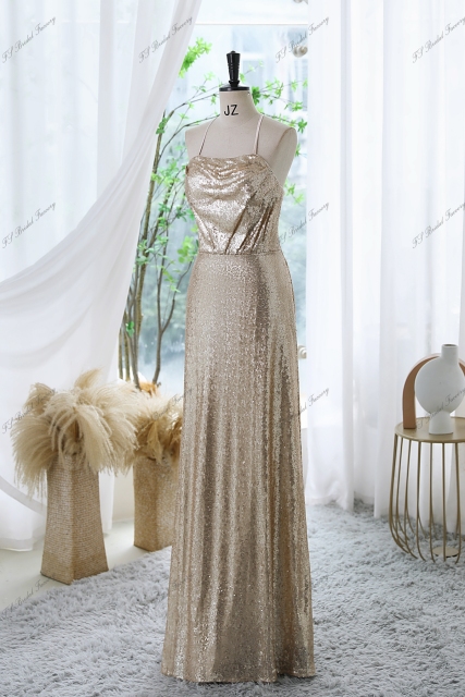 Sequin Prom Dress With Spaghetti Straps and Crossing Straps Back