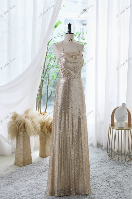Sequin Prom Dress With Spaghetti Straps and Crossing Straps Back