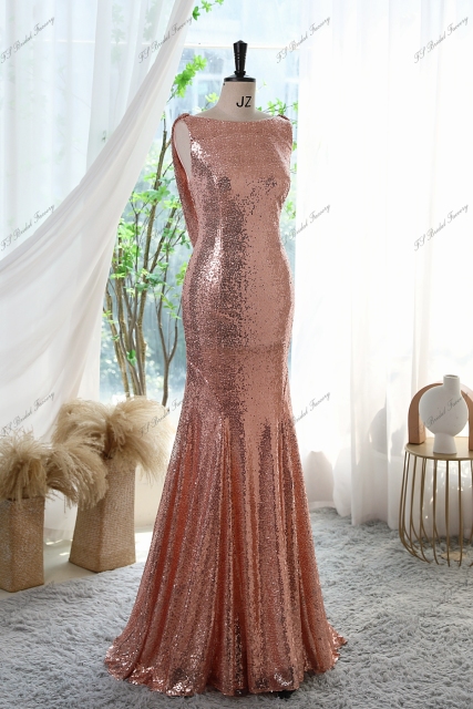 Sequin Form-fitting Prom Dress With Bateau Neckline And Cowl V-Back