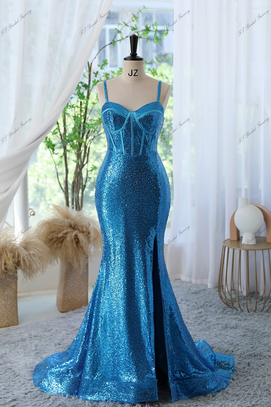 Sequin Mermaid Prom Gown with Spaghetti Straps And High Split