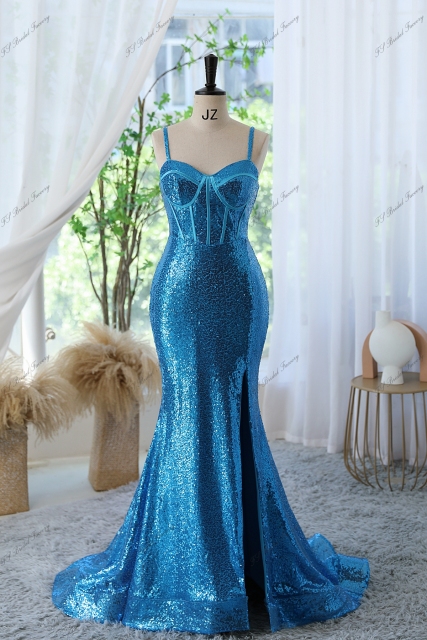 Sequin Mermaid Prom Gown with Spaghetti Straps And High Split