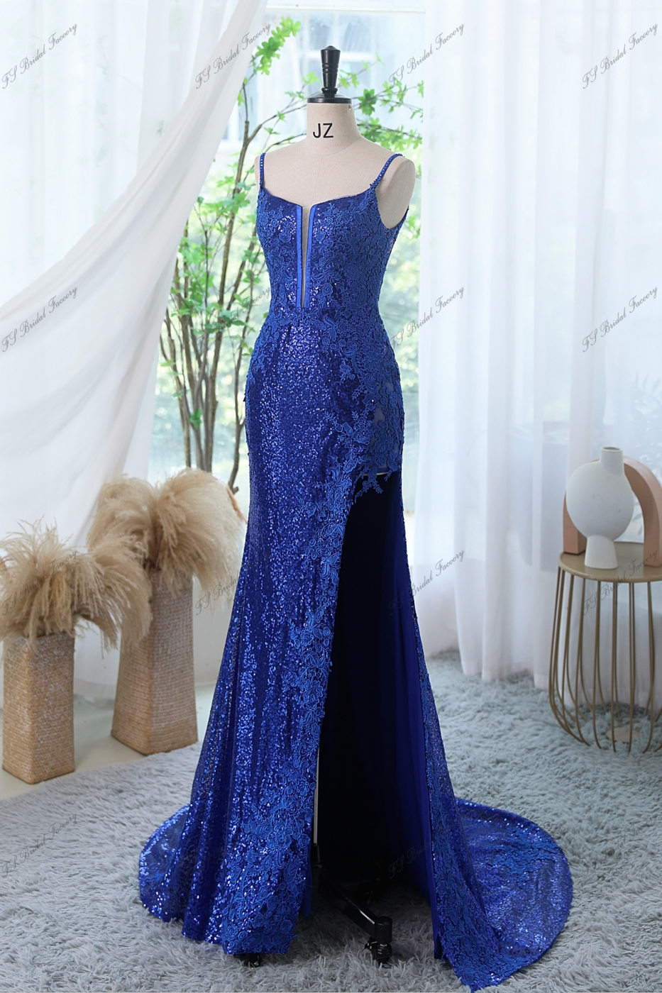Sequin Mermaid Prom Gown With Plunging Neckline And Spaghetti Straps