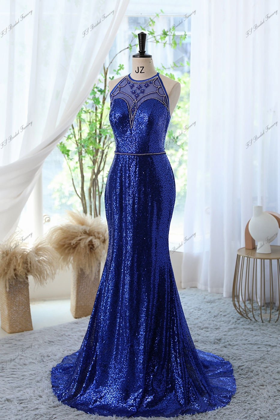 Sequin Mermaid Prom Gown with Halter Neckline Crystal Beading banded waist