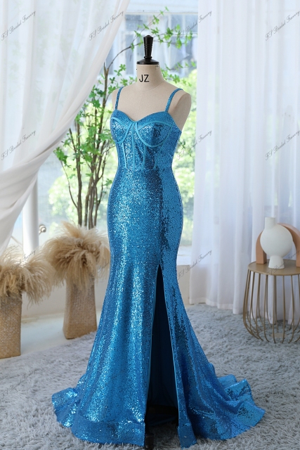 Sequin Mermaid Prom Gown with Spaghetti Straps And High Split