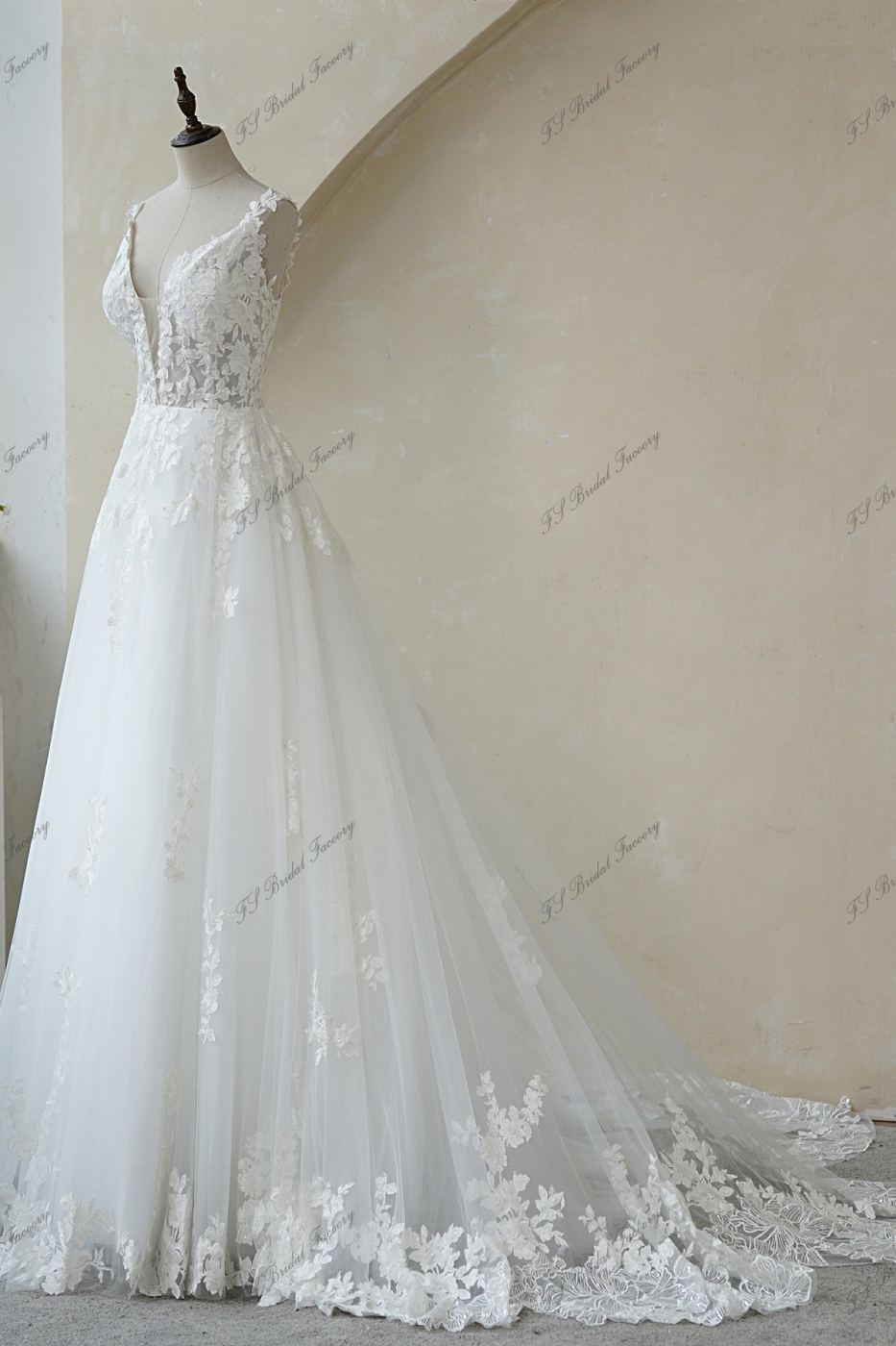 Deep V Back Lace Applique Ball Gown Wedding Gown