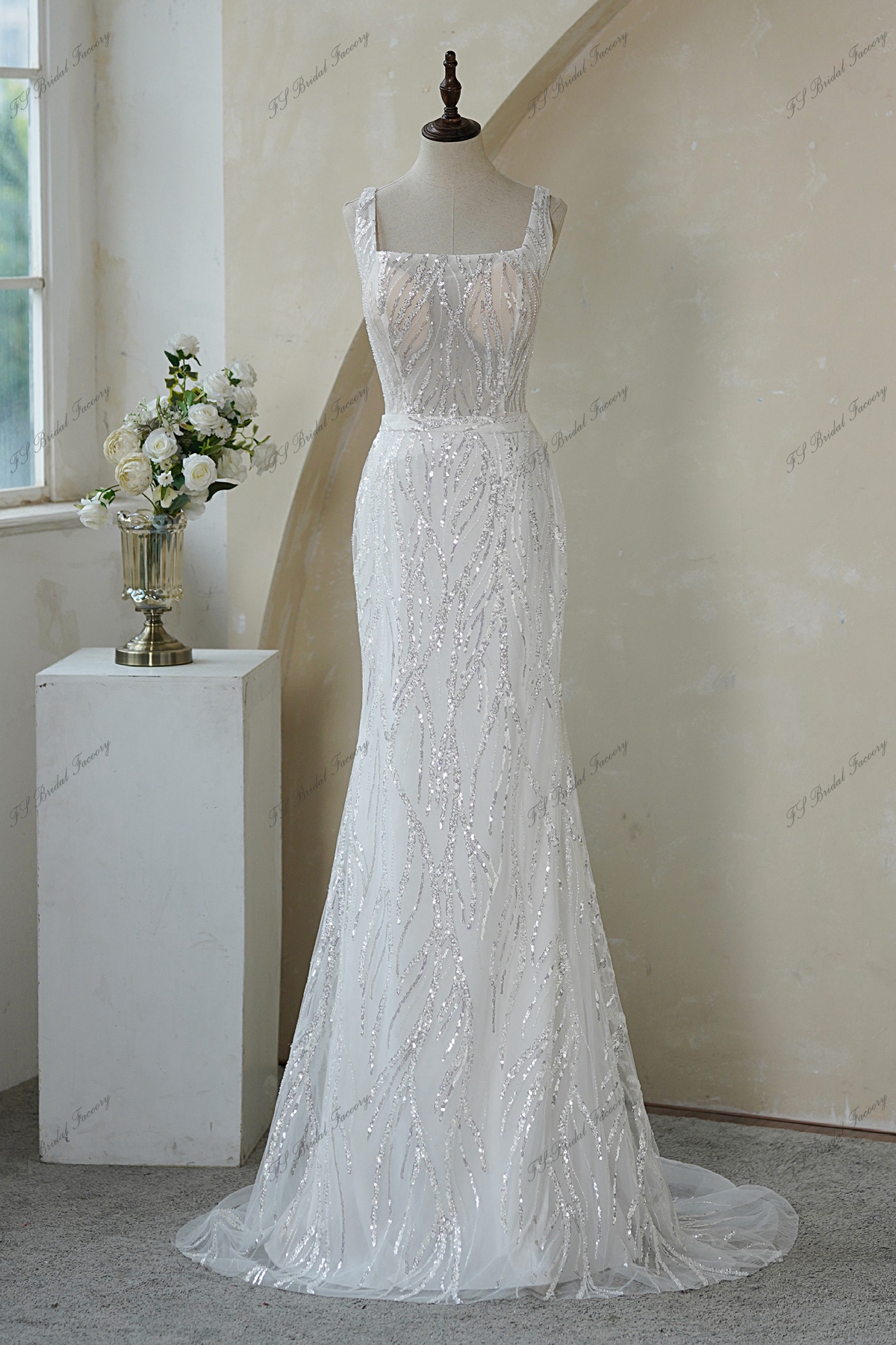 Designer Beaded Lace Plunging Satin Mermaid Wedding Dress main image 0