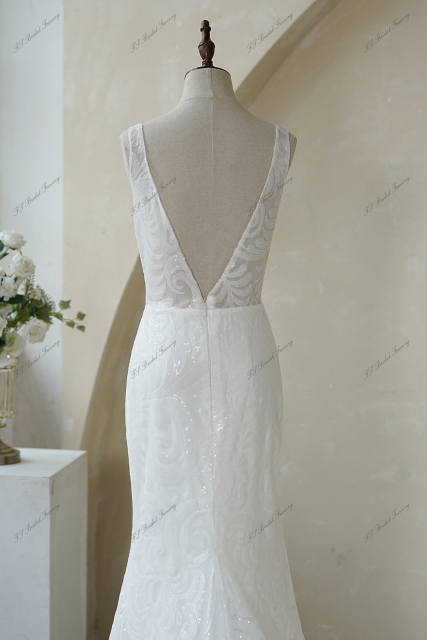 Sequin Slimline Wedding Gown With Deep V Neckline