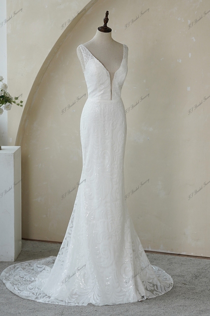Sequin Slimline Wedding Gown With Deep V Neckline
