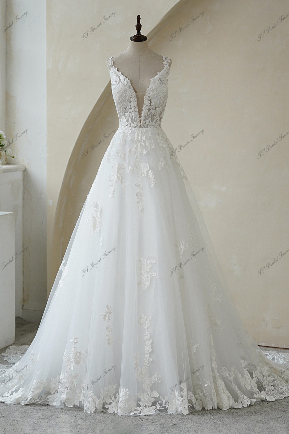 Deep V Back Lace Applique Ball Gown Wedding Gown