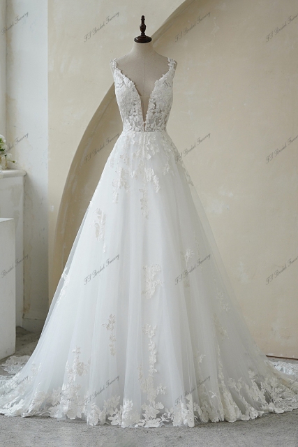 Deep V Back Lace Applique Ball Gown Wedding Gown