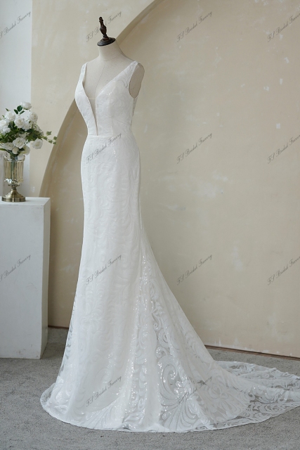 Sequin Slimline Wedding Gown With Deep V Neckline